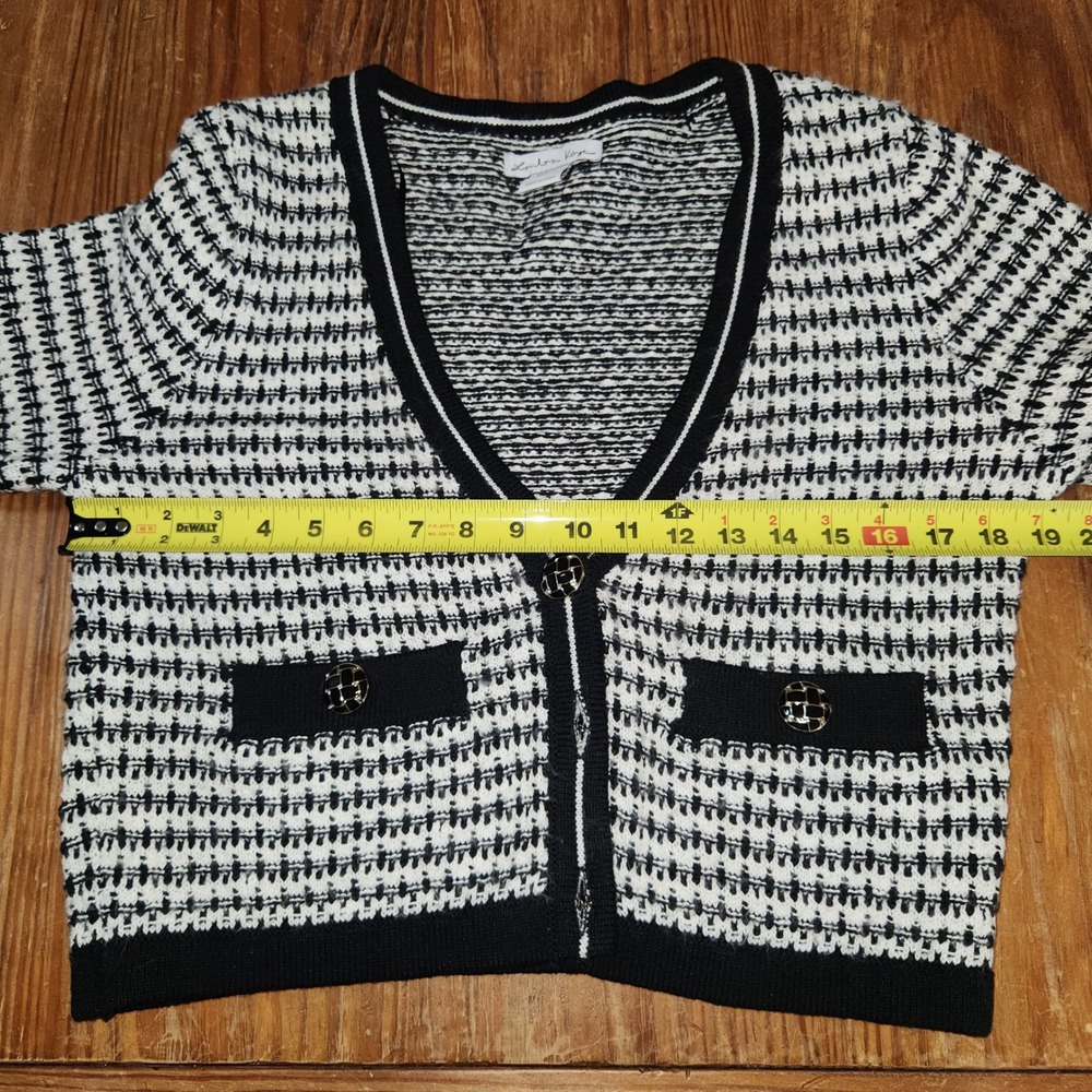 London Kaye Black White‎ Women's Cropped V-Neck Cardigan Buttons Large Office - Picture 12 of 15